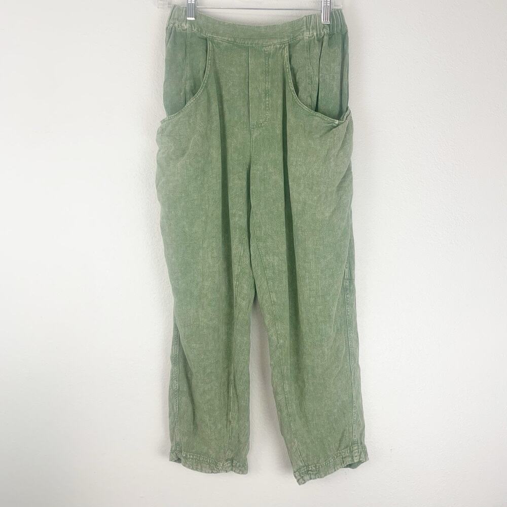 Anniewear Pants Womens Small Linen Blend Pull-on Tapered Capri Cropped Green